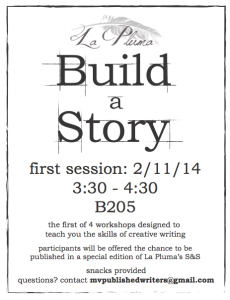 The flyer for the upcoming  "Build a Story" workshop. Attendees will get a chance to publish their work in La Pluma's upcoming S&S issue.