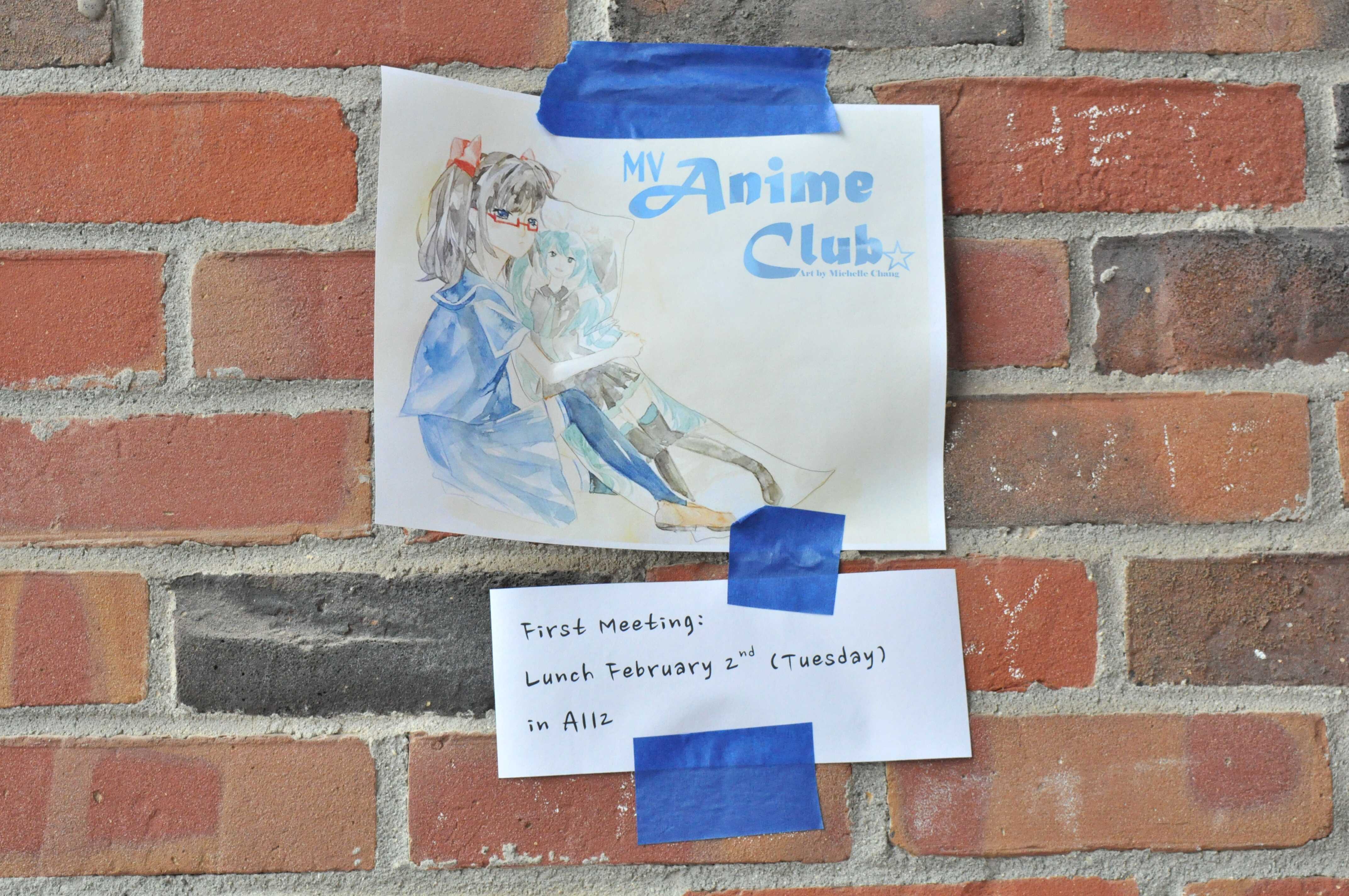 A poster of Anime Club is hung along the stairway of the B building. The poster is illustrated by junior Michelle Chang, the vice president of Anime Club. Photo by Renee Pu.