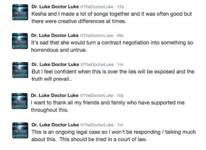 Dr. Luke breaks his silence on Kesha’s allegations. He defends himself over a series of tweets stating Kesha’s rape allegations are false. Source: Twitter 