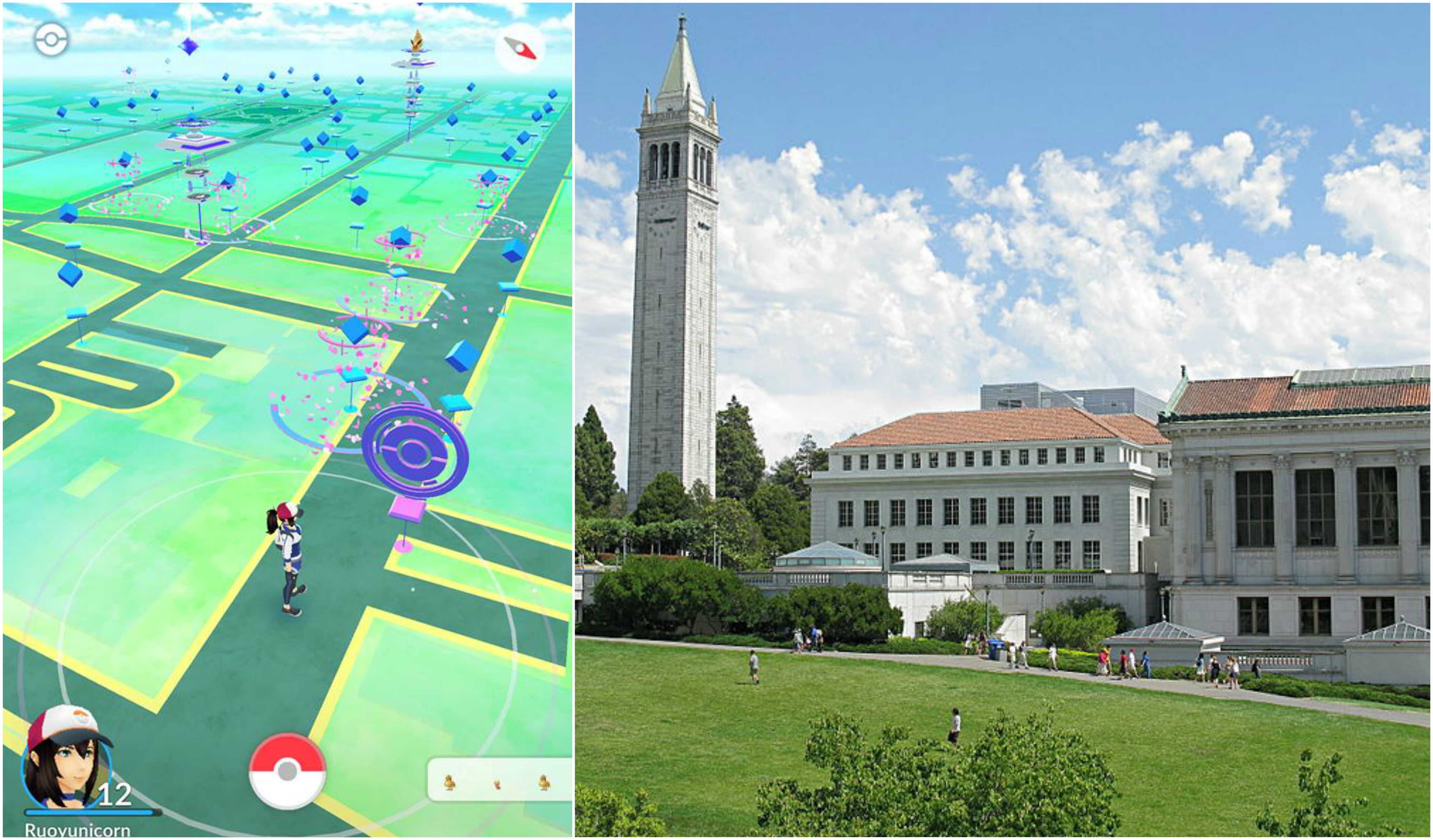 Senior Ruoyun Zheng played Pokemon Go in between breaks at her internship at Berkeley. Berkeley’s Sather Tower is a poke stop many players frequent. First photo used with permission by Ruoyun Zheng. “Creative commons UC Berkeley Tower” John Loo 