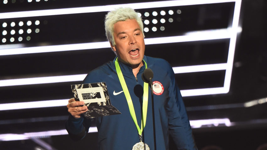 Jimmy Fallon dressed up as Ryan Lochte, presenting award for Video of the Year at the 2016 VMAs. Michael Loccisano/Getty