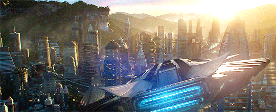 Taken from the film, a plane flies over the fictional nation of Wakanda. 
