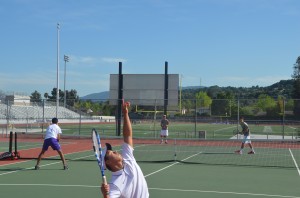 Senior Jonathan Yao serves against Sacred Heart on April 8th. While Yao’s doubles team with Vinay Reddy would go on to lose the set and the match, Monta Vista managed to seize the series 5-2. Photo by Pranav Parthasarathy
