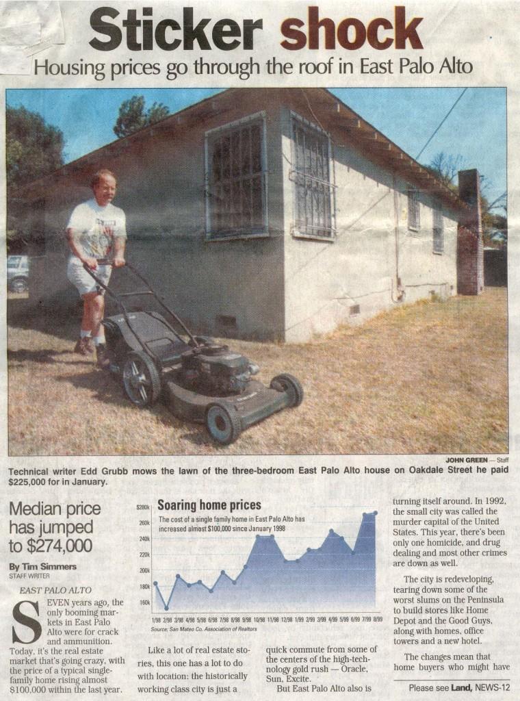 A picture of Edd Grubb mowing his lawn in the San Mateo Times. Although Martin was embarrassed about living in East Palo Alto, her husband wasn't. Used with permission by Emiliana Martin.