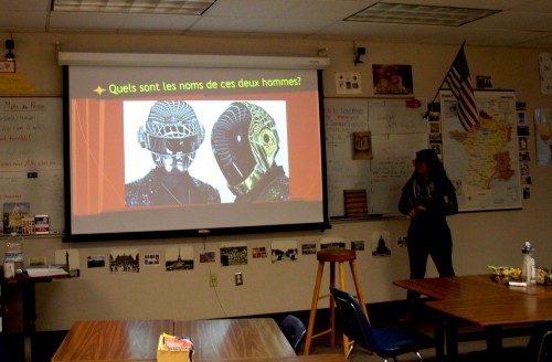 Daft Punk, the band name of the two men pictured on the slide, is made up of two French artists that make electronic music. The duo is popular in France and has grown increasingly popular in America for not only their music, but also the mysterious robot mask they wear. Photo by Sharon Tung.