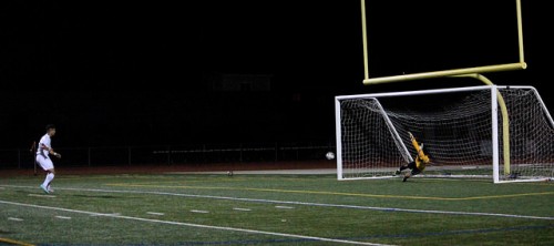 Junior Radwan Hamwi scores in the last few minutes of boys soccer's senior night game against Mountain View HS on Feb. 17, his third goal in three minutes. Hamwi's hat trick brought the Matadors from 3-0 to 3-3.