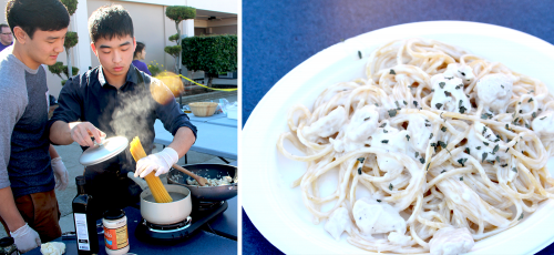 Seniors Lucas Han and Yuki Nakai boil pasta. Their team, BBC, made chicken alfredo with sauteed shrimp, garlic and onions as their entry. Left photo by Sharon Tung and right photo by Justin Kim.