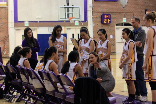 Junior Alyssa O’Neill (far left) joins her team in a time out halfway through the game on Jan. 21. Though the Matadors secured an early lead of nine points, Milpitas High School’s back to back points in the third quarter left MVHS unable to catch up. Photo by Justin Kim.