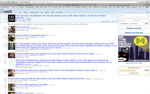 The front page of Reddit, stylized as reddit. The site has a viewer base of 174 unique vistors every day.