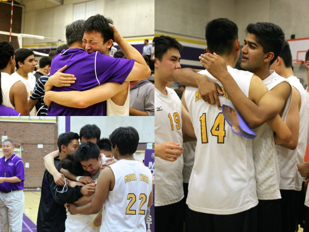After the match, the team went through rounds of hugs. This game, against DVHS, marked the end of the seniors' high school volleyball career. Photos by Aditya Pimplaskar.