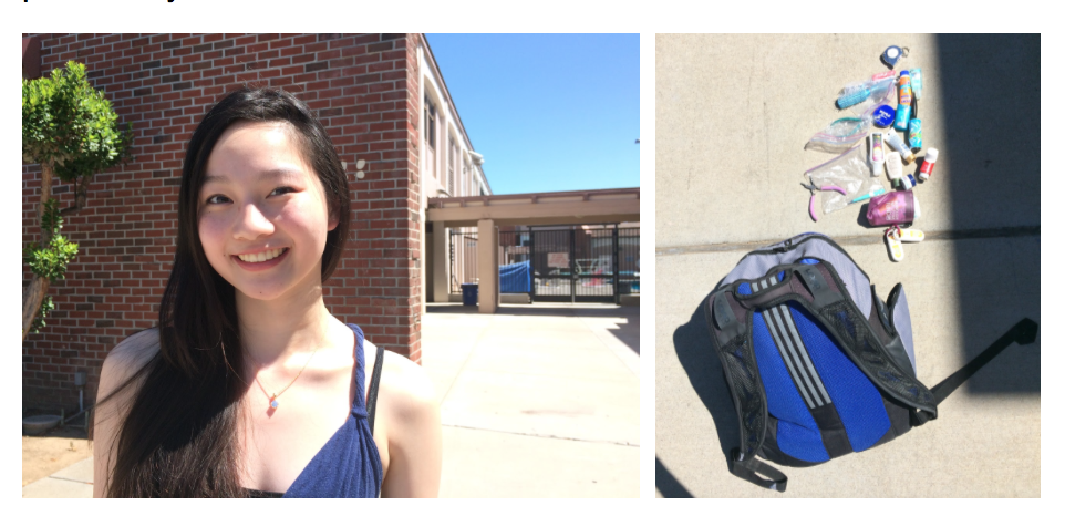 Senior Jaclyn Huang carries jewelry tweezers, a lint roller, a measuring tape, large sized bandaids and more in her backpack.