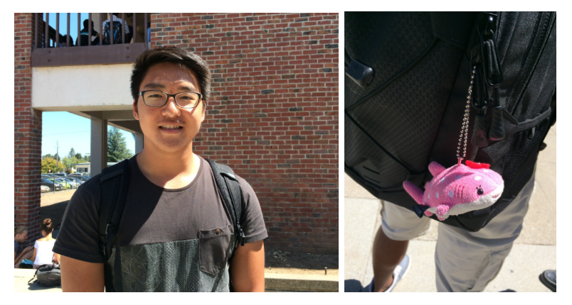 Junior Justin Yun has an unusual bright pink shark key chain hanging from his backpack.