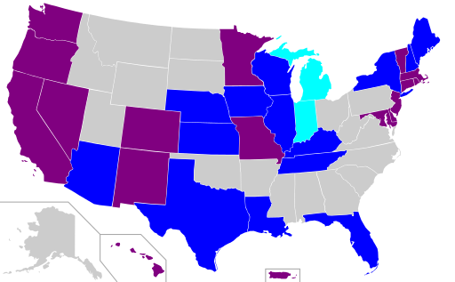 States marked in purple have hate crime laws that include gender and sexuality and states marked in dark blue have hate crime laws that include sexuality but not gender. The light blue states recognize sexuality when collecting data on a hate crime, while states marked in grey don’t include sexuality or gender in their hate crime laws. Image is licensed under Creative Commons.