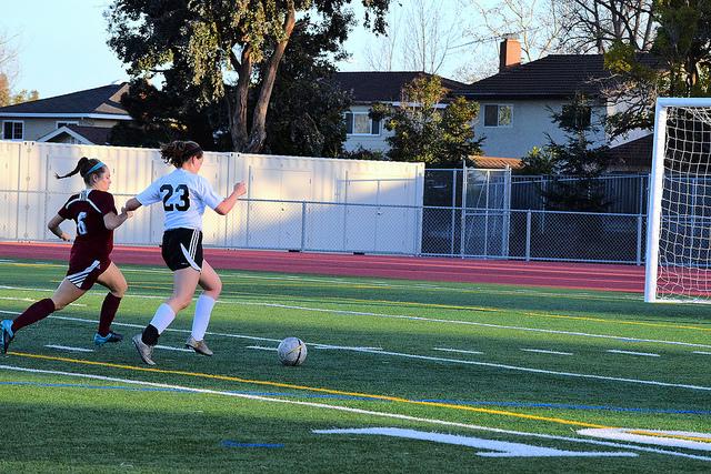 Sophomore Nina Biondi beats a CHS defender to score a goal for her team. Biondi scored both of the team's goals and put them ahead 2-1 for the time being.