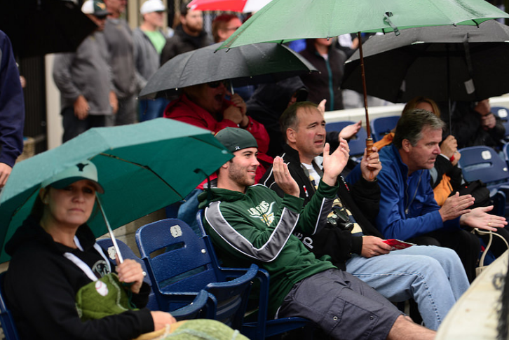 Fans from both sides showed up with their umbrellas. The impact of the rain was definitely felt by the players, especially early on. Photo by Pranav Iyer. 