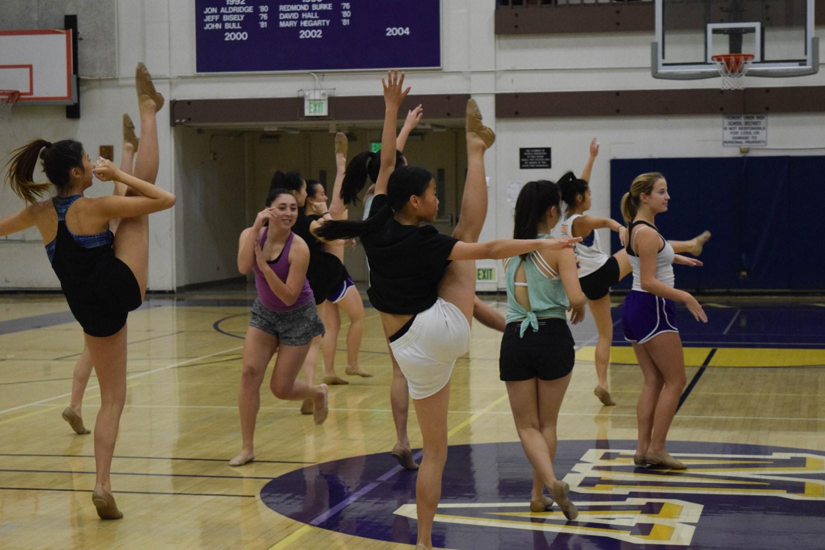 Junior and dance team officer Caitlin Malone weaves between the other girls as they rehearse a section. Their routines almost always has two layers of dancing — the main dance and then a small group or soloist as a focal point.