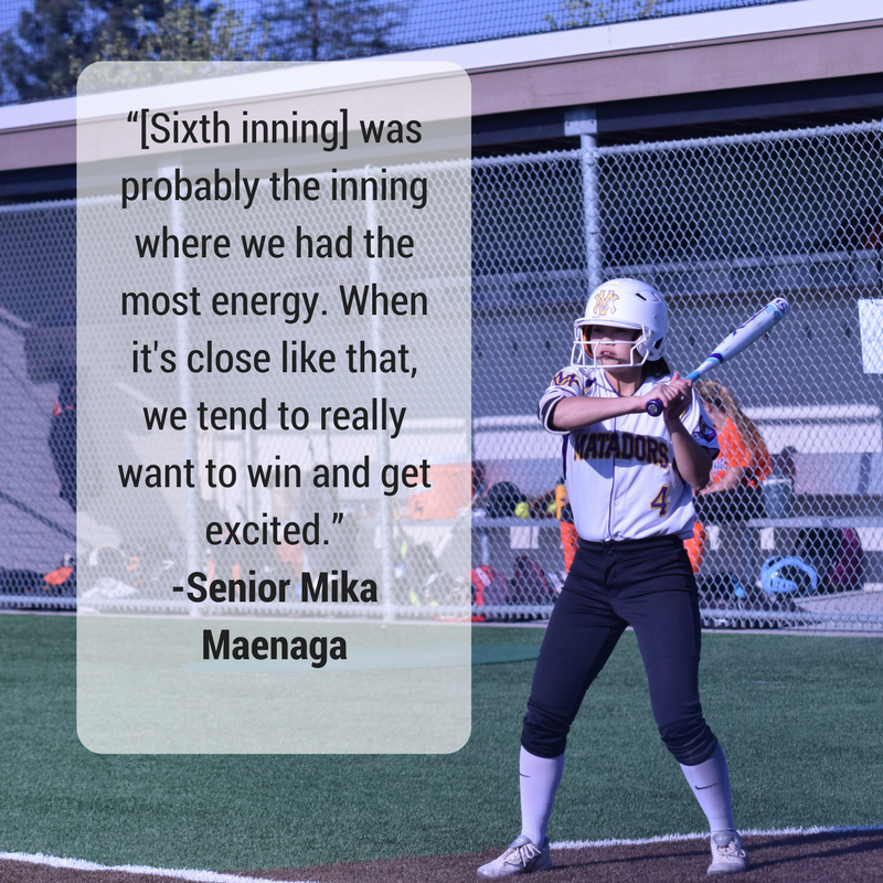 “[Sixth inning] was probably the inning where we had the most energy because when it's close like that, we tend to really want to win and get excited.”-Senior Mika Maenaga