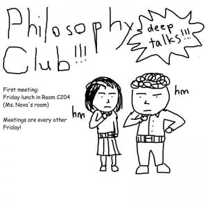 Senior and President of Philosophy club Nicholas Chen throws a string of thoughtful questions in his promotion for MV Philosophy club. Chen drew the picture himself on Microsoft Paint. Photo used with permission of Nicholas Chen.