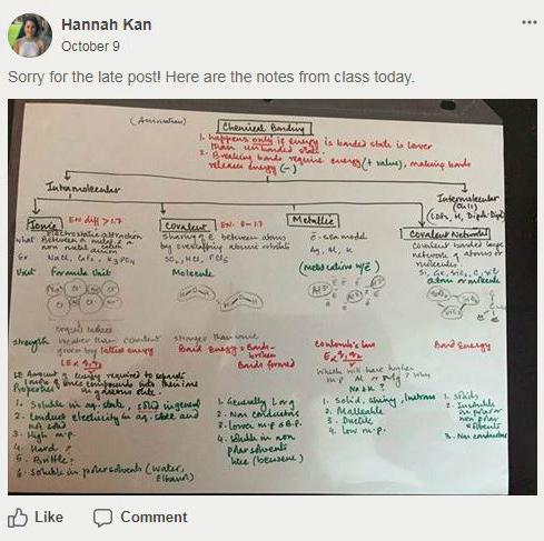 Senior and vice president of Chemistry club Hannah Kan posts the day's notes in the AP Chemistry Facebook group. Besides physical meetings, Chemistry club officers also helped students with their questions online.