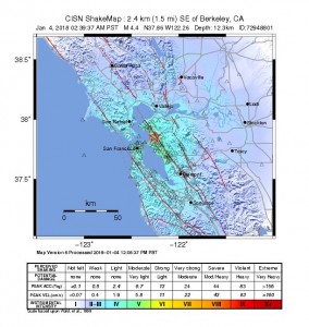 The USGS Shake Map depicts the intensity of the 4.4 magnitude Berkeley earthquake.
