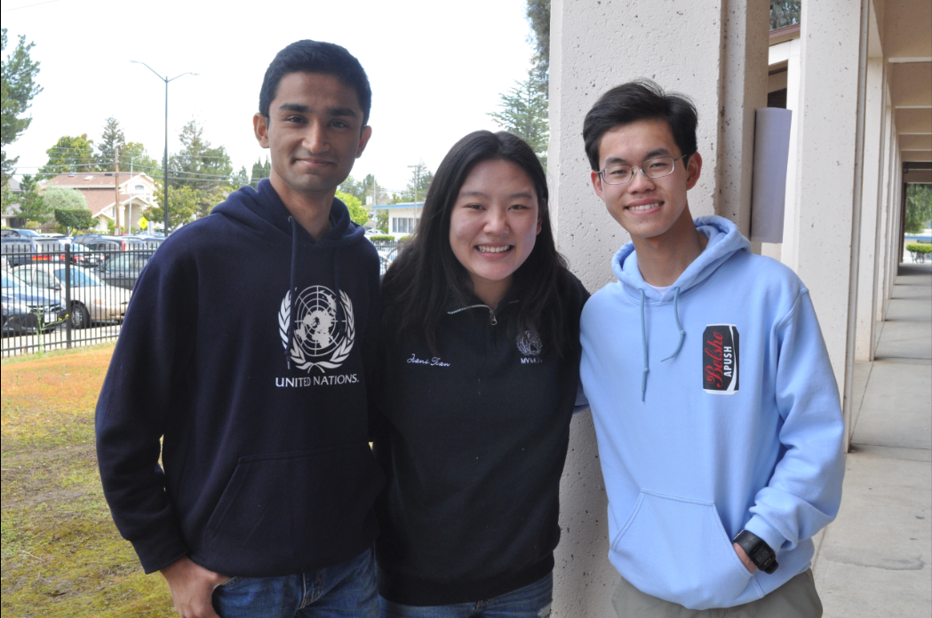 From left to right, Chandramouly, Tian and Wang stand as MUN’s new executive officer team. Each of these officers was previously involved as a non-executive officer during the 2017-2018 MUN year. Photo by Maggie McCormick. 